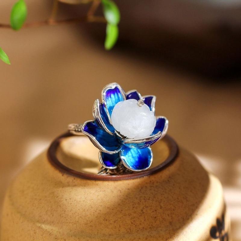 New   Natural Hetian Jade Lotus Handmade Female Model Atmospheric Retro Temperament Open Ring