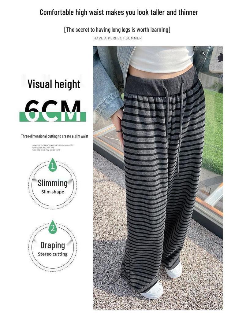 Women's Retro Grey Striped Wide-Leg Pants, Elastic Waist with Drawstring - High Waist, Loose Fit, Spring/Summer 2026 Collection.