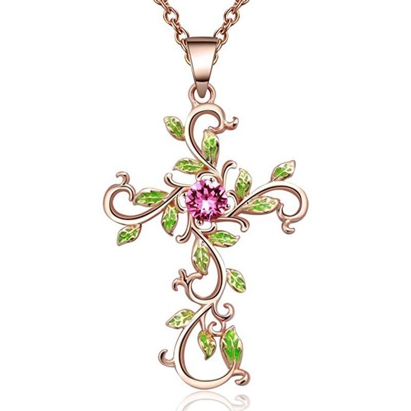 Flower Cross Pendant Necklace Earrings Jewelry Set for Women Gifts