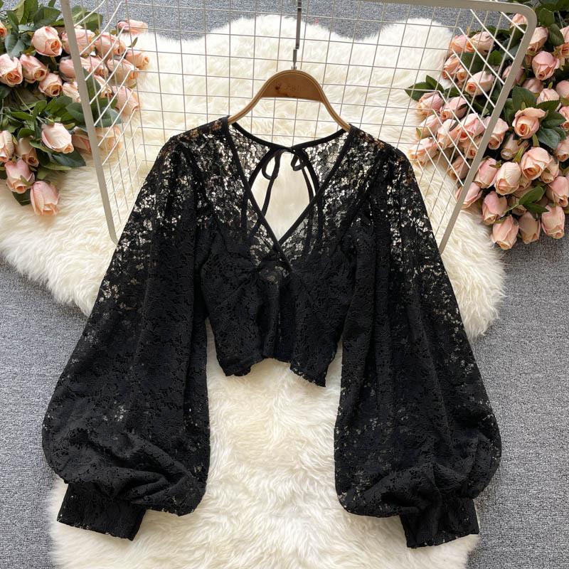 Lace Up Backless Slimming Short Style See Through Hook Flower Lace Shirt Autumn Outfit New Korean Style Stylish Small Shirt Versatile Top for Women