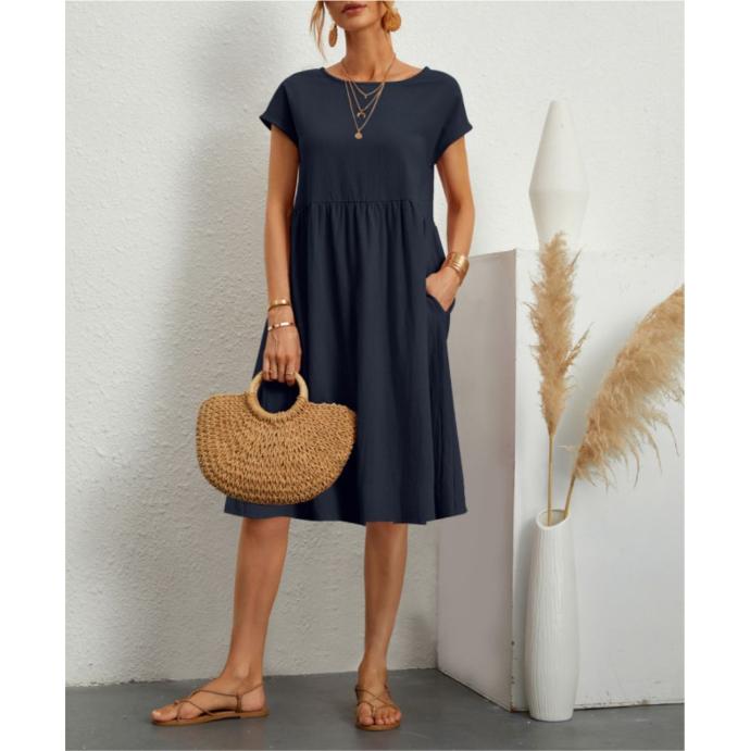 Women Vintage Solid Dress Summer Elegant O Neck Short Sleeve Cotton Linen Dresses Female Casual Loose Sundress Long Dress