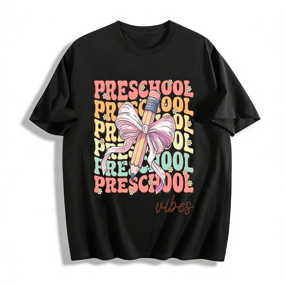 Preschool Vibes Pencil Bow Graphic Casual Top Pure cotton T-shirt XXS