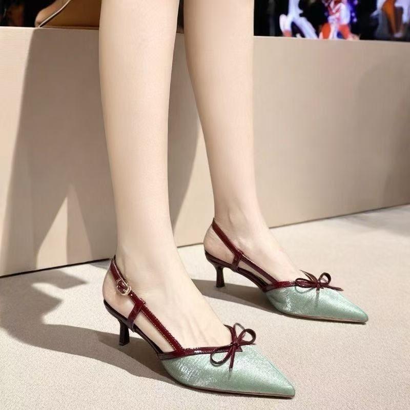 Spring and summer new niche pointed head bow high heel women's shoes fashionable versatile and comfortable bag head sandals women