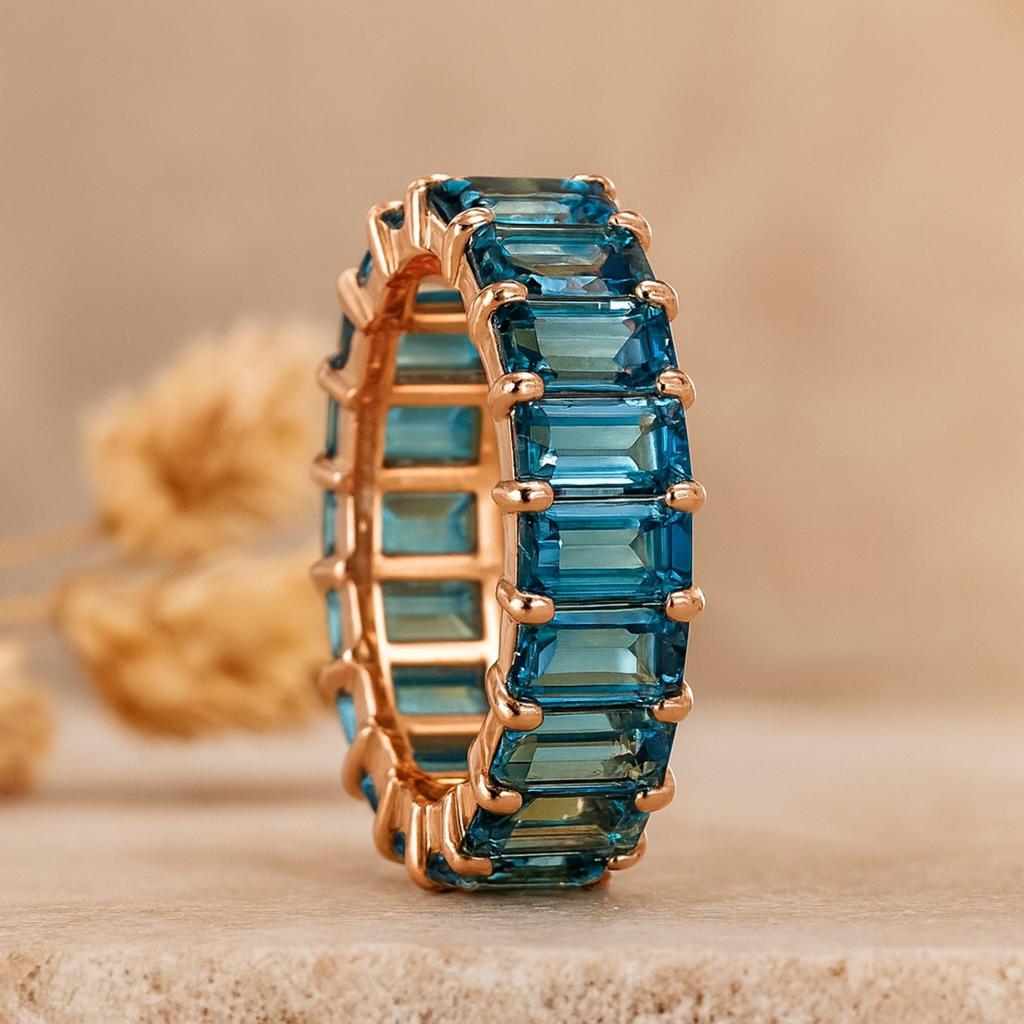 Baguette Cut Topaz Eternity Band Ring – Rose Gold Plated 925 Sterling Silver Stackable Wedding Anniversary Ring - Art Deco Jewelry Gift for her