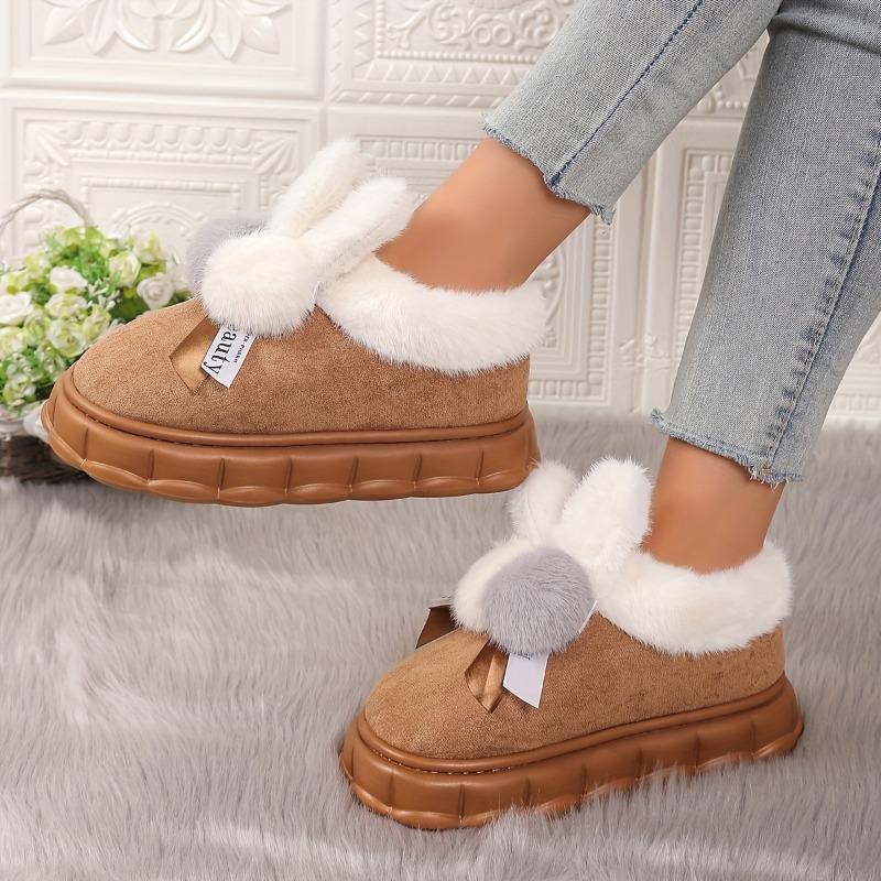 Thick Bottom Bow Rabbit Plush Cotton Shoes Household Women Home Simple Warm Snow Boots Anti-slip