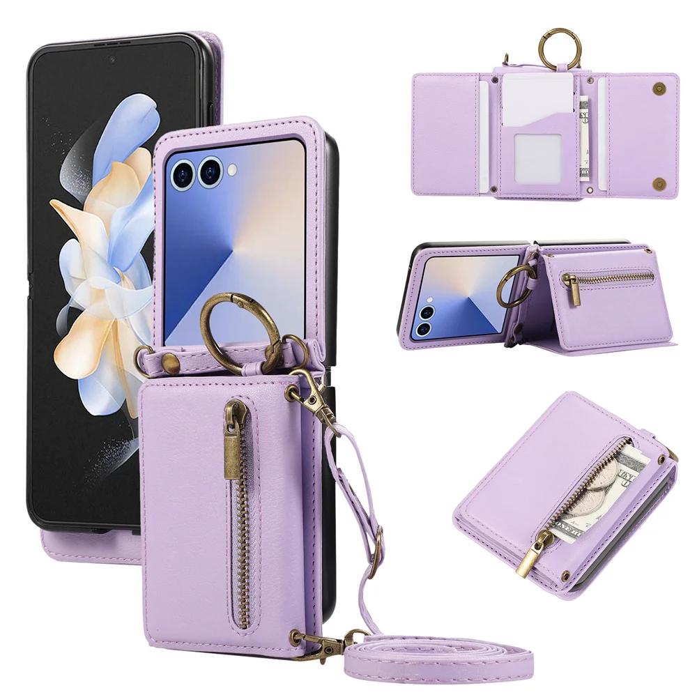 Leather Phone Case with Crossbody Ring and Card Holder for Samsung Galaxy Z Flip 7 6 5 4 3 Flip7 FE Flip6 5G Protective Cover