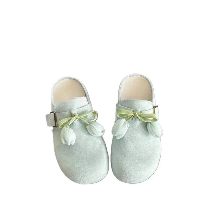 Women's Summer New Round Toe Deep Mouth Bow Flower Non-slip Wear-resistant Flats Platform Baotou Half Slippers Zapatos Mujer