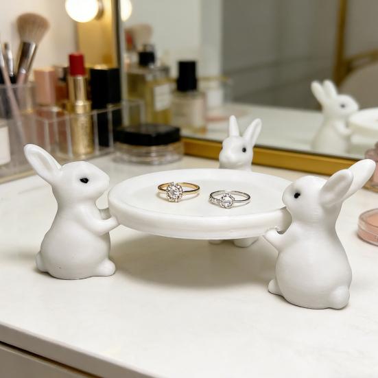 Three Rabbits Storage Tray 3D Printed White Bunny Statue with Dish Keys Earrings Jewelry Display Holder Table Desk Organizer
