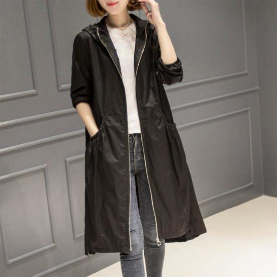 Damen Frühling Herbst Kapuzen Mittellang Windjacke Reißverschlussleiste Langarm Taschen Einfarbig