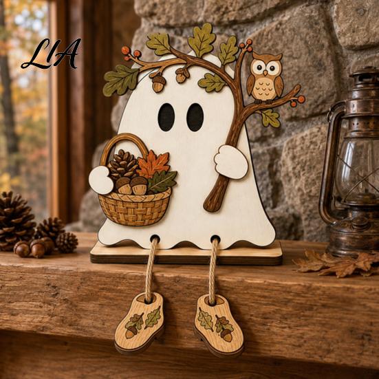 Autumn Atmosphere Home Accessories Wooden Harvest Festival Ghost Ornament for Desktop Decoration, Cute Small Holiday Gifts Friends Halloween Tabletop