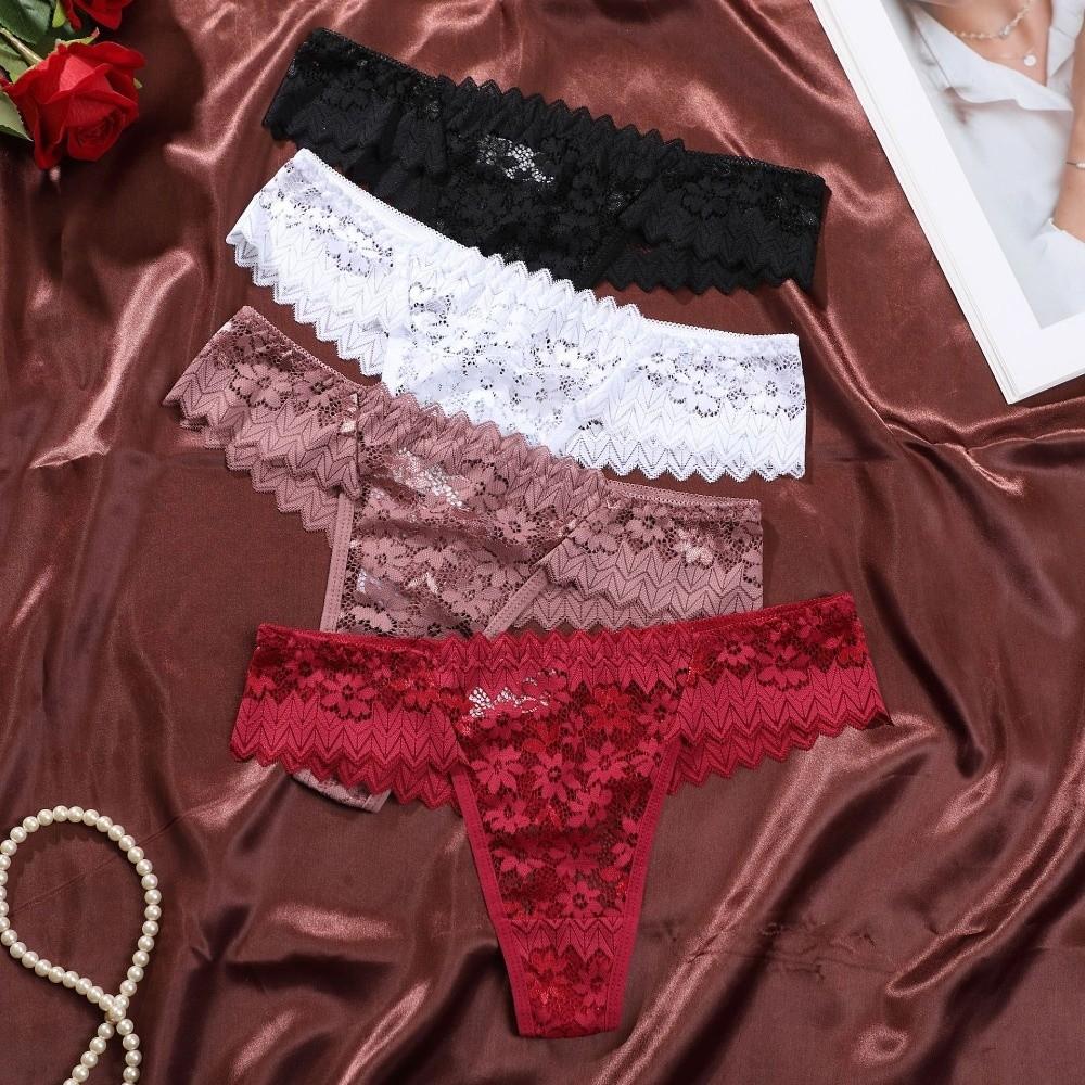 Sheer Lace Sheer Mesh Lace Briefs Low Waist T-Back Panties Lace Flower Women Thong Ladies