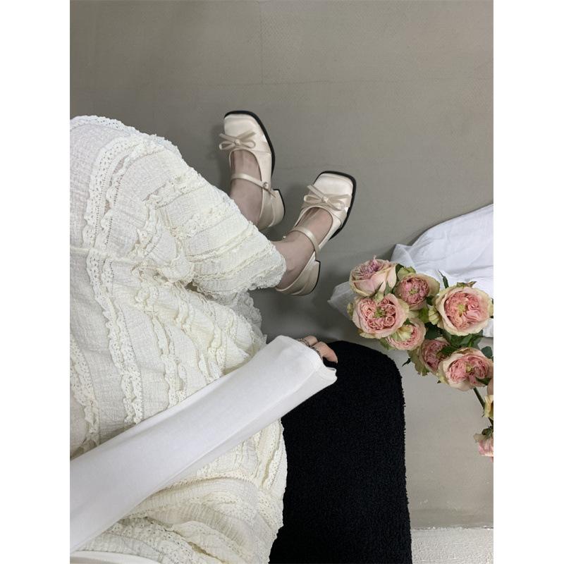 AL Small Fragrant Style Satin Bow Thick Heel Mary Jane Shoes Women's Evening Shoes Spring Light Mouth Medium Heel Single Shoes Small Leather Shoes