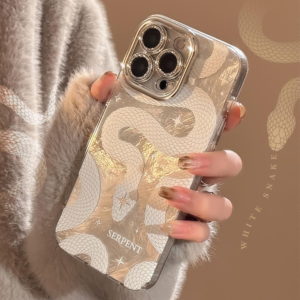 White Python Pattern Mobile Phone Case Suitable for Apple 17promax Lens Film Iphone16 Hard 12 High End Sense 14 Flash Powder