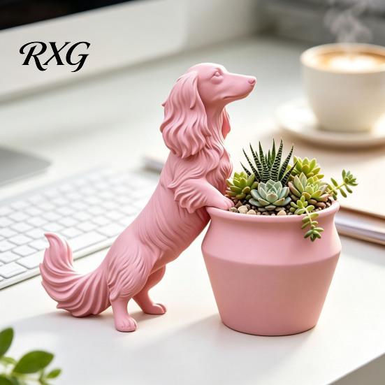 Décoration d'Art de Jardin Moderne Cache-pot Teckel à Poil Long Imprimé 3D, Pot de Fleurs Chien Mignon pour Cactus Plantes d'Air Pot de Fleurs Succulentes, Décoratif