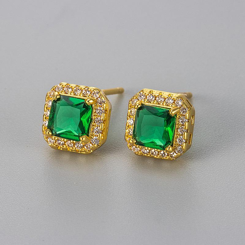 

Classic Luxury Shining Zircon Square Color Imitation Gemstone Stud Earrings for Women Trendy Exquisite Stainless Steel Jewelry