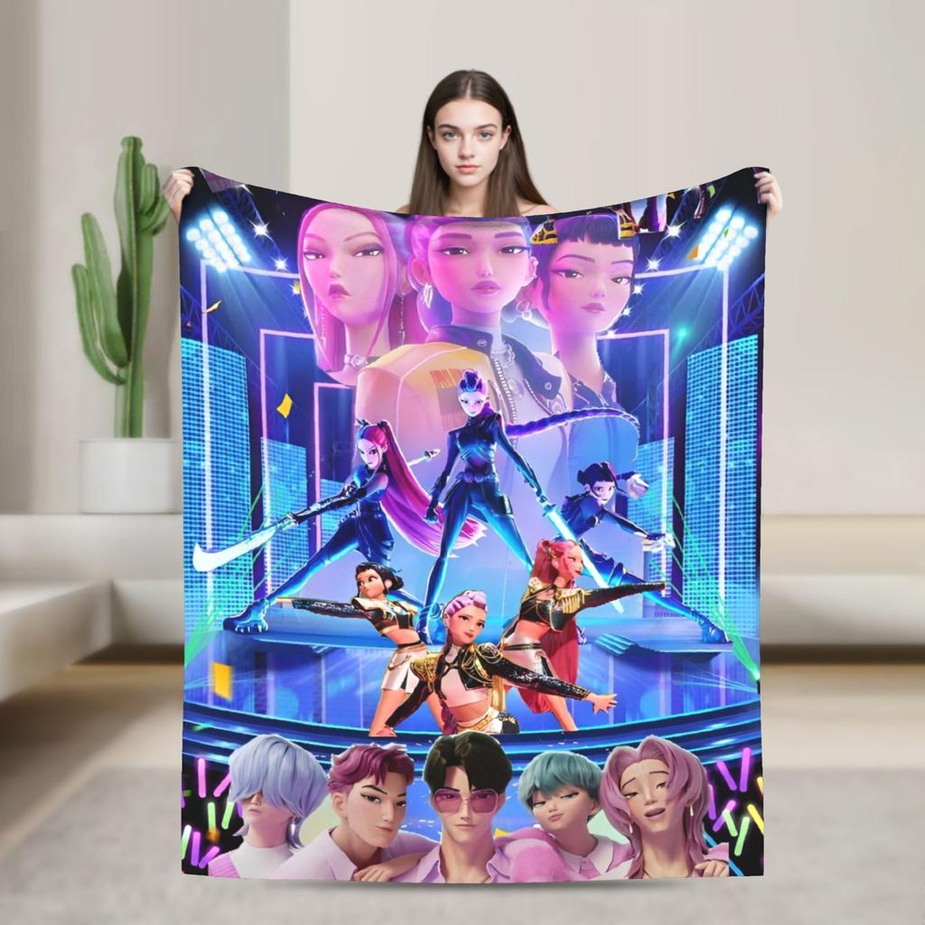 Kpop Demons Huntrix Hunters Flannel Blankets Rumi Mira Joey Creative Throw Blanket for Bedspread 125*100cm Rug Piece Soft