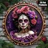 Vintage Metal Tin Sign 8 Inch Round Calavera Catrina, Gothic Skull Wall Art Decor for Halloween Bar, Retro Floral Print for Home Kitchen