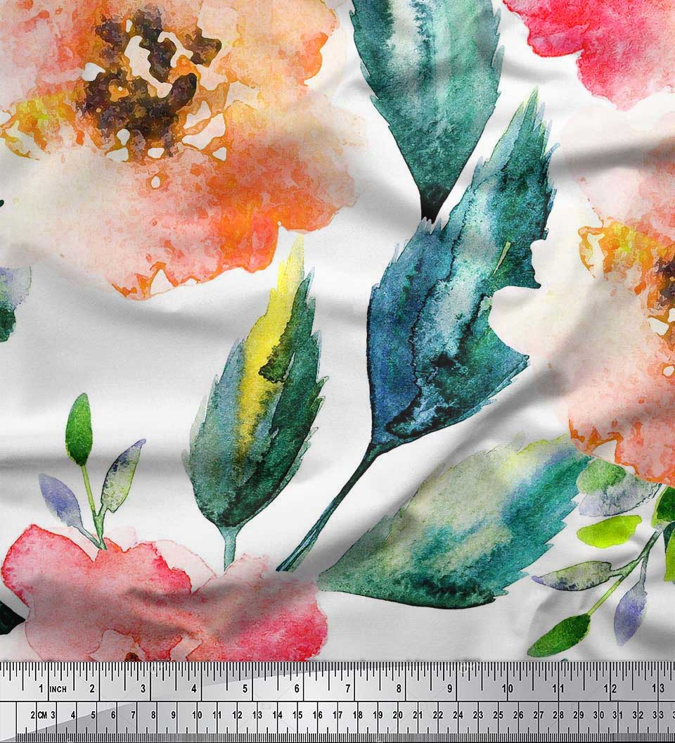 

Soimoi Japan Crepe Satin Fabric Flower & Leaves Watercolor Print Швейна тканина метр 42 дюйма 42 Inch Wide - Poly Crepe білий