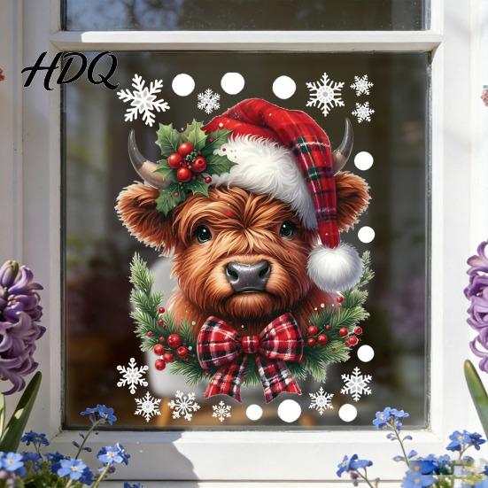 Reusable Window Clings for Classroom Christmas Clings Cute Highland Cow Sticker with Santa Hat Winter Easy Remove Wall Decals Home Double-Side