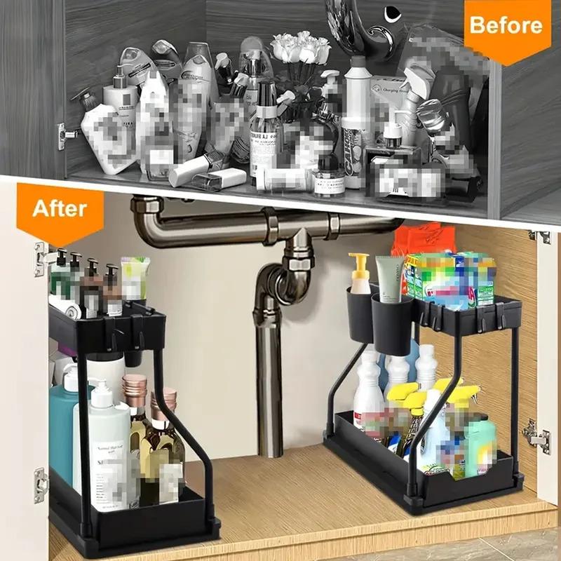 2 Tier Sliding Drawer Storage Rack Multi Functional Kitchen Bathroom Under Sink Organizer Desktop Makeup Storage Rack R Shaped