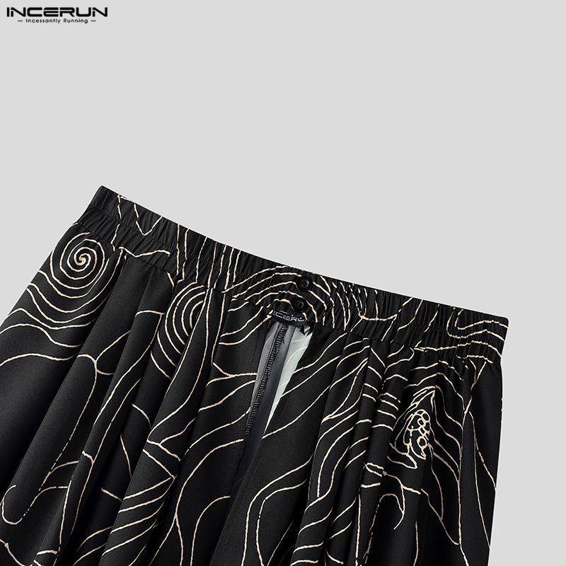 INCERUN Men Elastic Waist Print Ruffled Splits Bohemia Holiday Irregular Long Skirts
