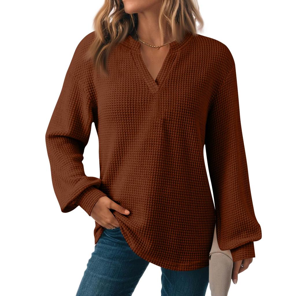 Women's Fashion Long Sleeve  Knit V-Neck Solid Color Casual Top