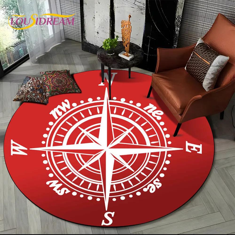 3D Retro Kompass Serie Kreis Teppich,Runder Teppich für Wohnzimmer Schlafzimmer Sofa Fußmatte Dekor Rutschfeste Bodenmatte Geschenk