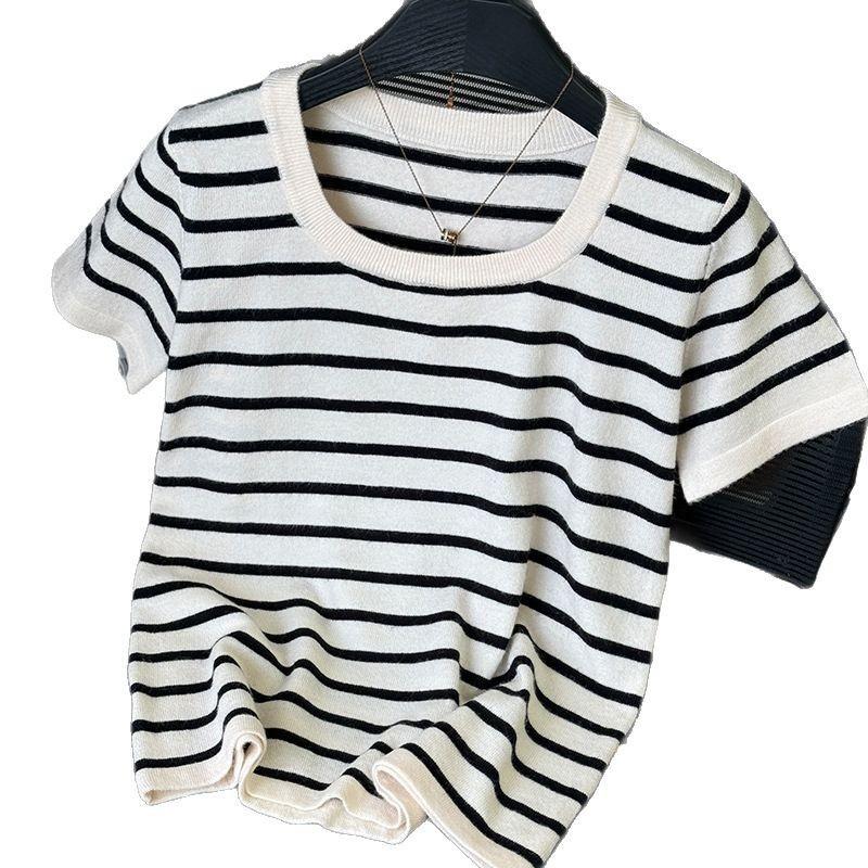 Striped Short-sleeved Large-sized T-shirtSquare-neck Knitted Base Shirt Summer Short Fitted Top