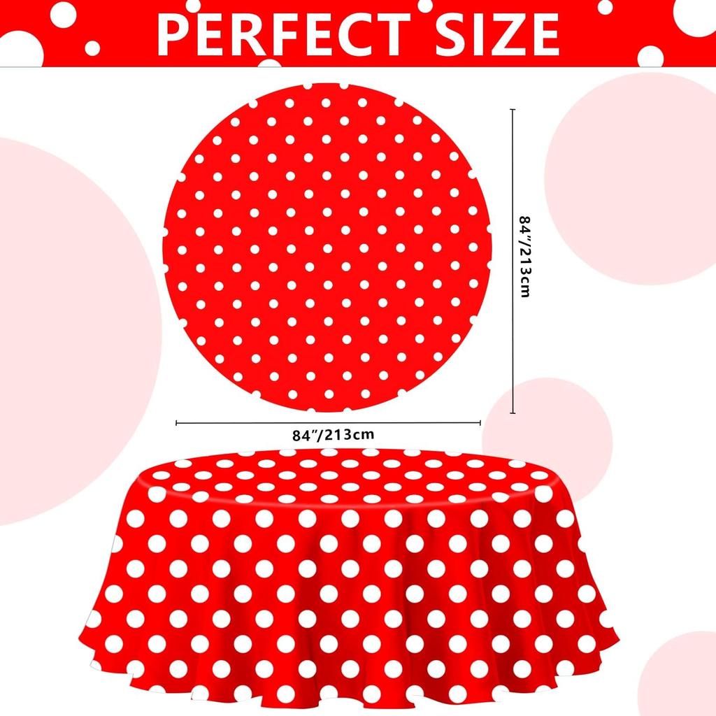 3 Pack Red and White Polka Dots Tablecloth Red Round Table Cover with White Polka Dot Round Plastic Table Cloth 84 in Round for Kitchen Dining