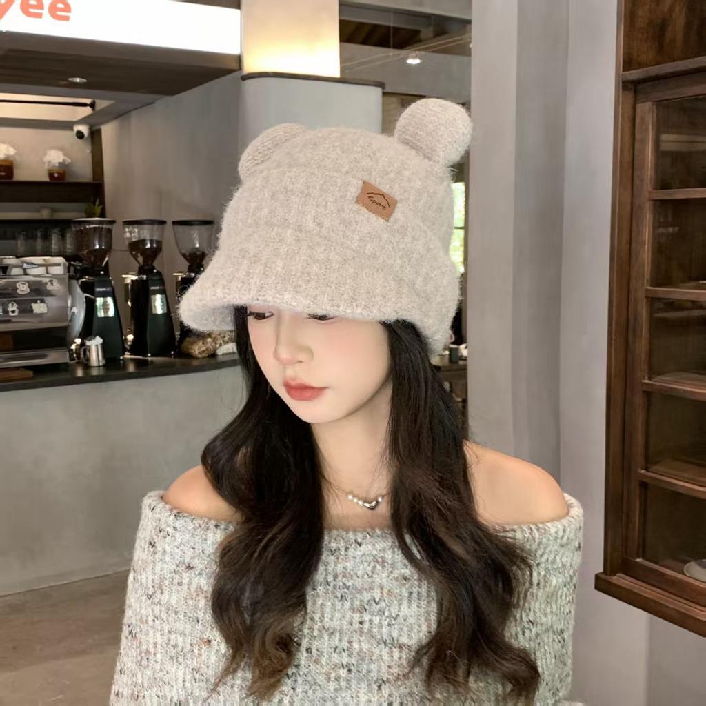 Autumn and winter new cute bear round ears wool hat women's headband hat showing a small face warm ear protection knitted hat