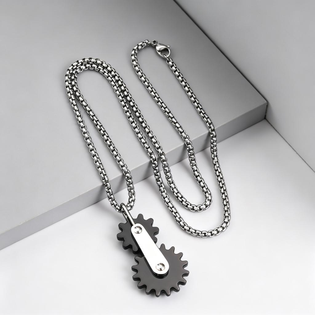 Punk Double Gear Pendant Necklace for Men, Stainless Steel Silver Plated Chain Charm Mechanical Jewelry Gift