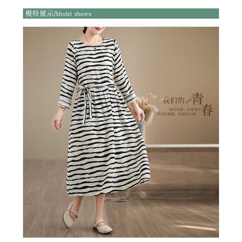 Striped Printed Round Neck Long Sleeve Tie Dress