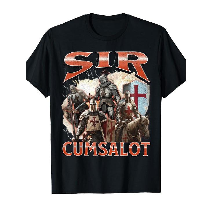 1pc Men S Funny Medieval Knight Meme T-Shirt - Sir Cumsalot Bootleg Graphic Tee with Armor Design - Black Shirt for Parties, Gifts & Casual Attire - S чёрный