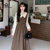 French Vintage Stitching Fake Two-piece Long-sleeved Dress Women's Spring and Autumn Doll Collar Elegant Long Dress