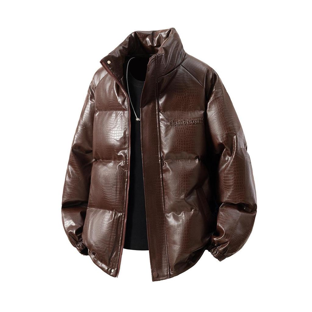 2025 Men's American Style Crocodile Pattern PU Leather Winter Jacket - Thick, Loose, Plus Size Cotton Coat