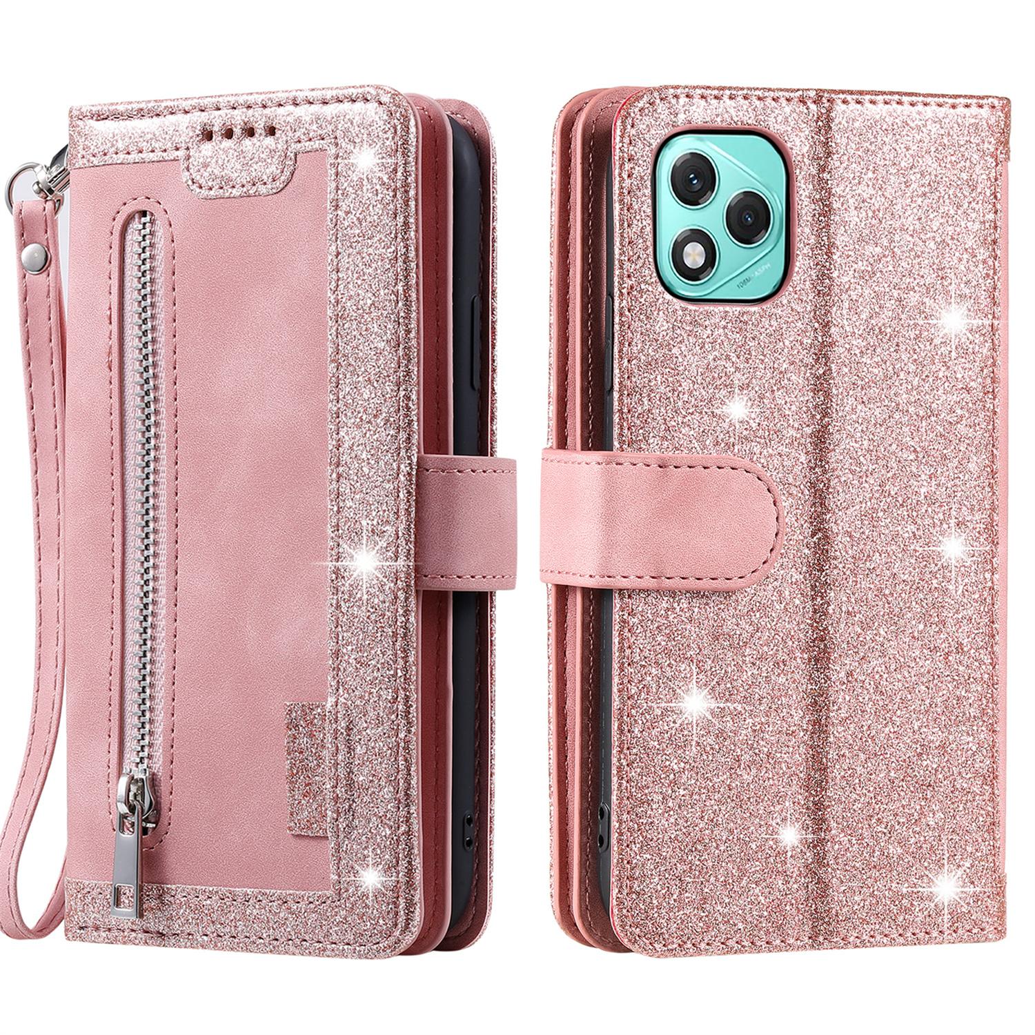 

For Honor 400 Lite Case PU Leather Phone Cover with Zipper Wallet 9 Card Slots Rose Gold