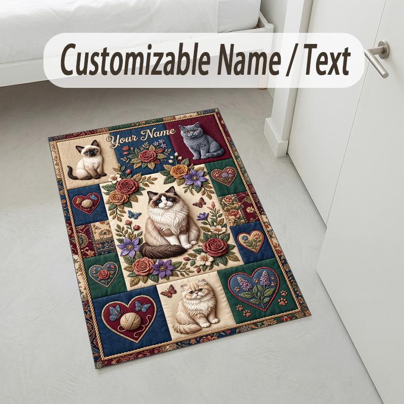 Cat Theme Crystal Velvet Rug Personalized Custom Name Text Soft Floor Mat Home Decor