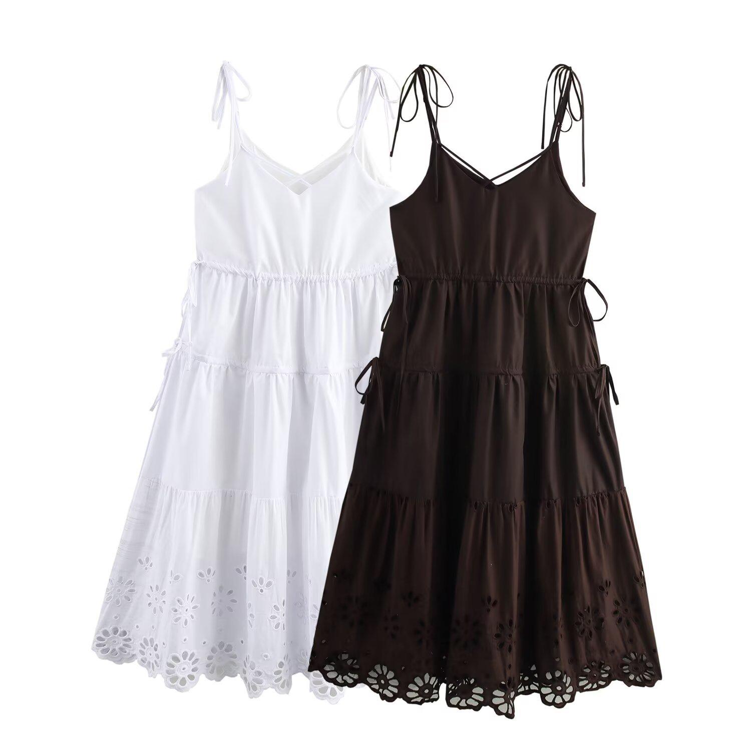 

2025 Summer Spaghetti Strap Cotton Embroidered Dress: Fashionable Solid Color Women s Dress Small белый