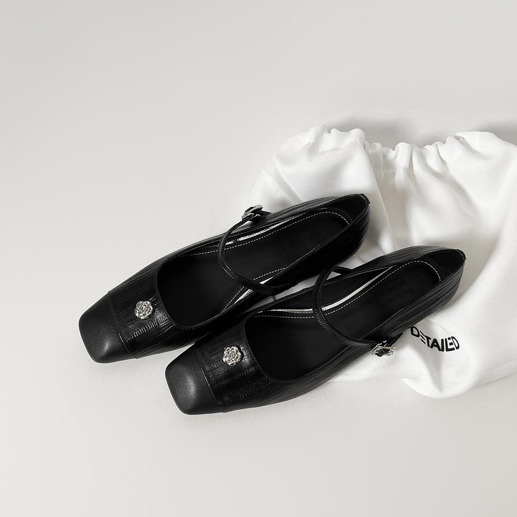 Soft leather version~ Korean version, elegant temperament, small fragrance, light mouth camellia, square head Mary Jane shoes, one word with