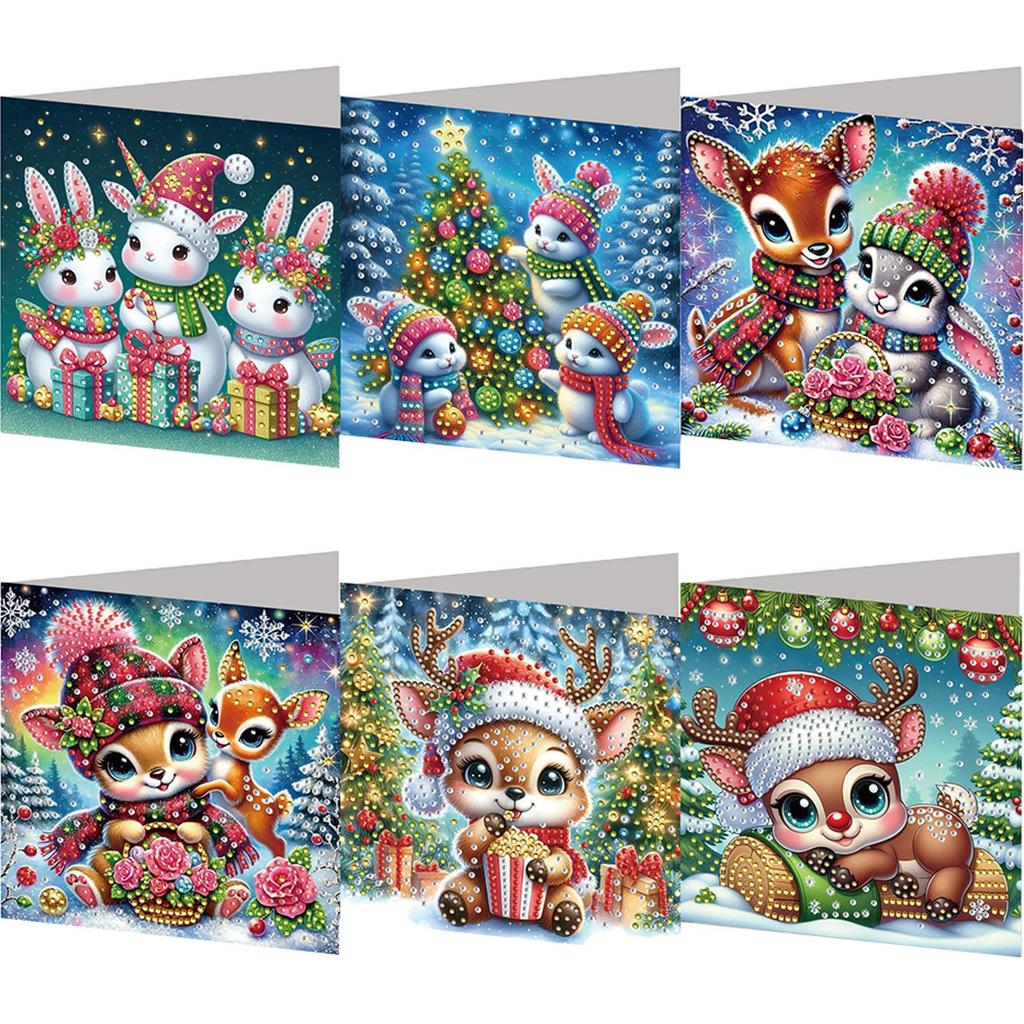 6PCS DIY Rhinestone Diamond Art Mosaic Postcards Xmas Pattern Diamond Art Handmade Cards Thank You Cards and Holiday Blessings