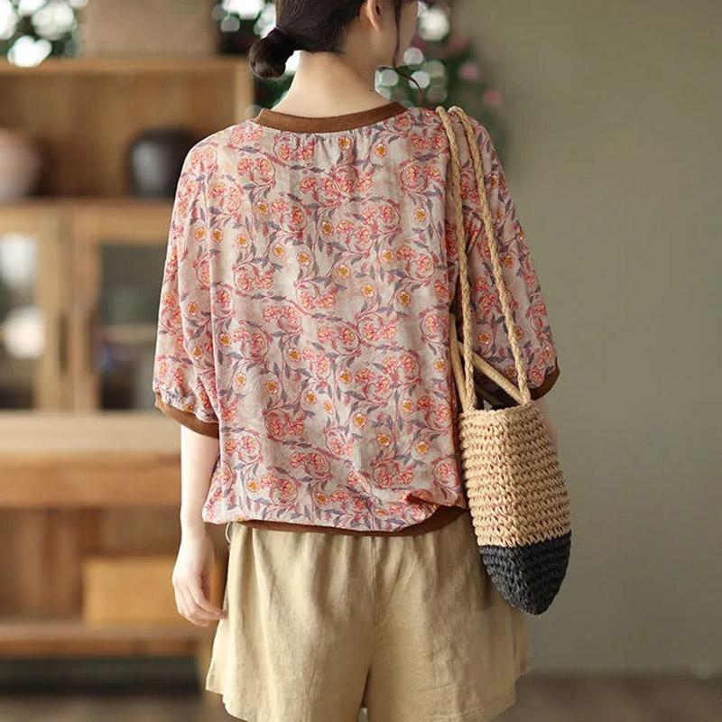 Cotton T-shirt Summer Women Retro Casual Short Sleeve Tops Printed Loose Round Neck Pullover T-Shirt Women
