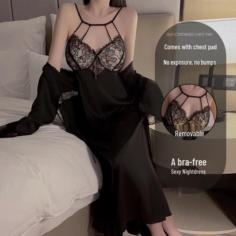 Guiruo Sexy Lace Slimming Nightgown & Outer Robe Set with Bust Pads - Women's Home Wear P4214