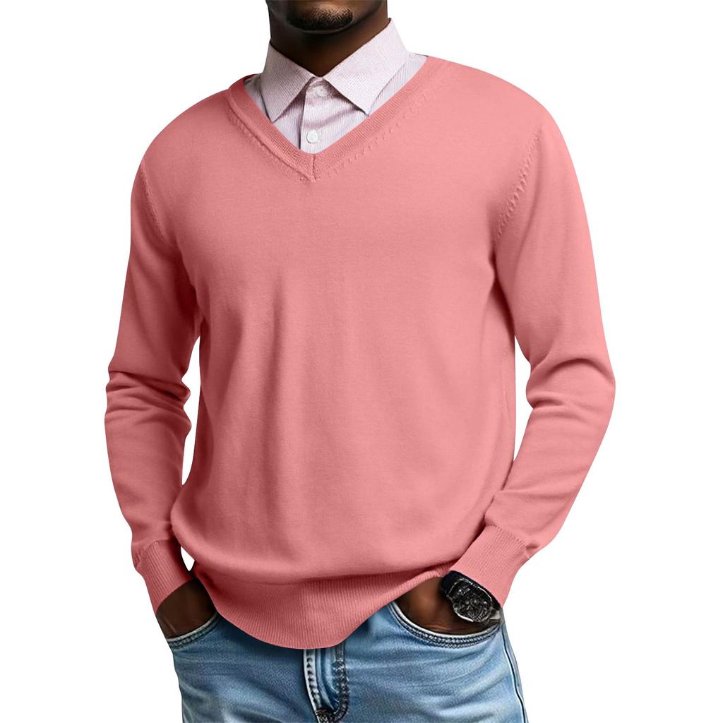 Męski dzianinowy top z dekoltem V i długim rękawem, codzienna wygoda, bluzka z długim rękawem