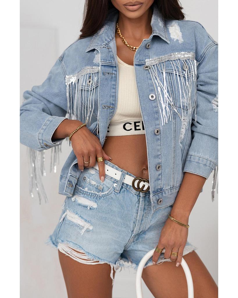 Azura Exchange Sequin Fringe Distressed Denim Jacket