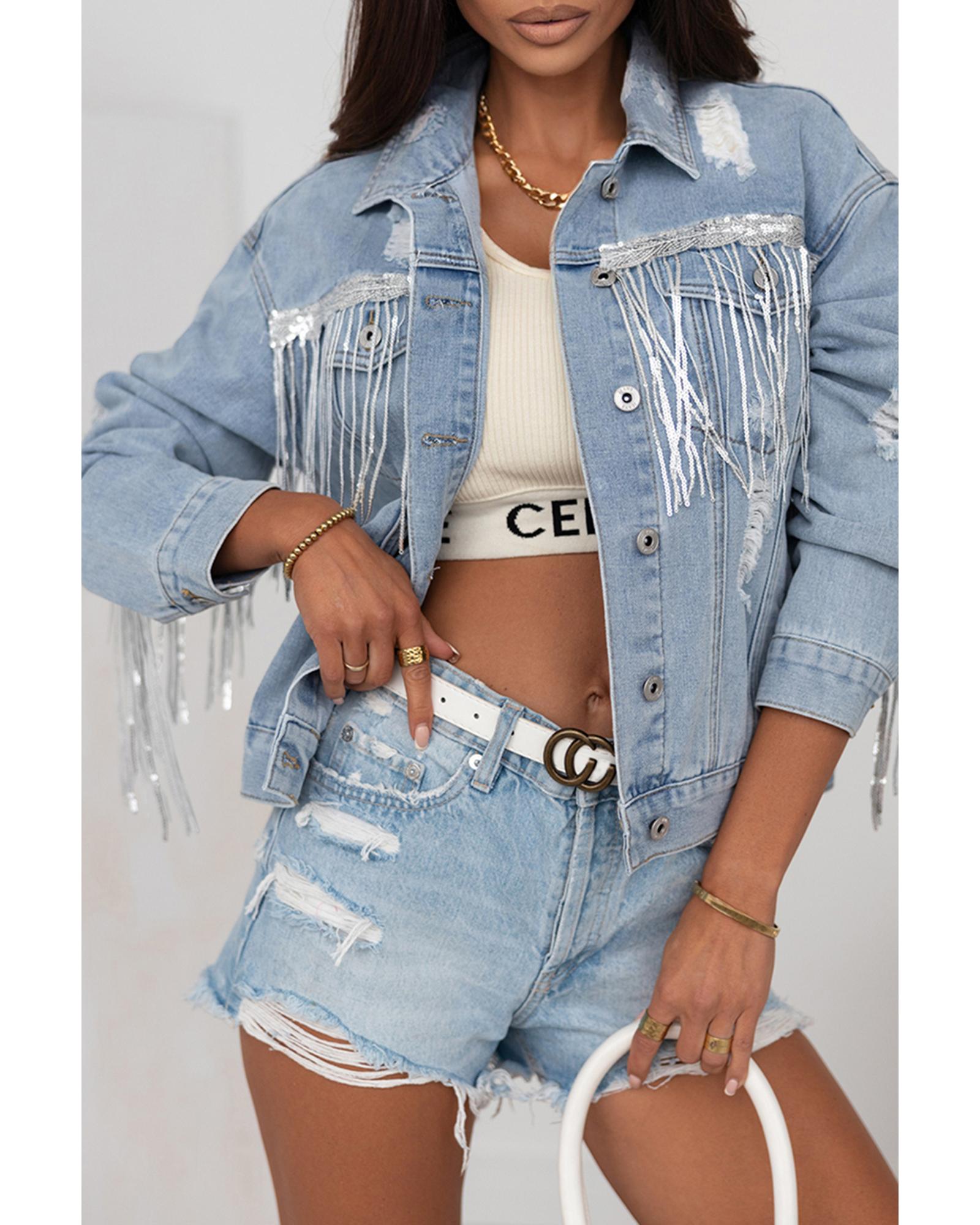 

Azura Exchange Sequin Fringe Distressed Denim Jacket XL небо синє кольору