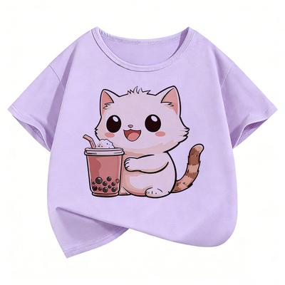 Cute Cat Drinking Design Kids Tshirts Summer Short Sleeve Tees Cartoon Boys Girls Clothes Kawaii Kitten Tops Children T-shirt