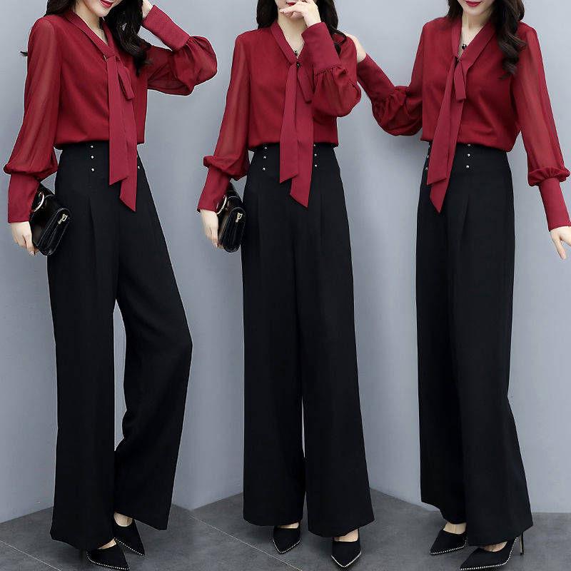 

Plus-Size Korean Style Wide-Leg Pants Suit - Women s Loose Spring/Autumn Two-Piece Set 5XL 95-105 kg красный