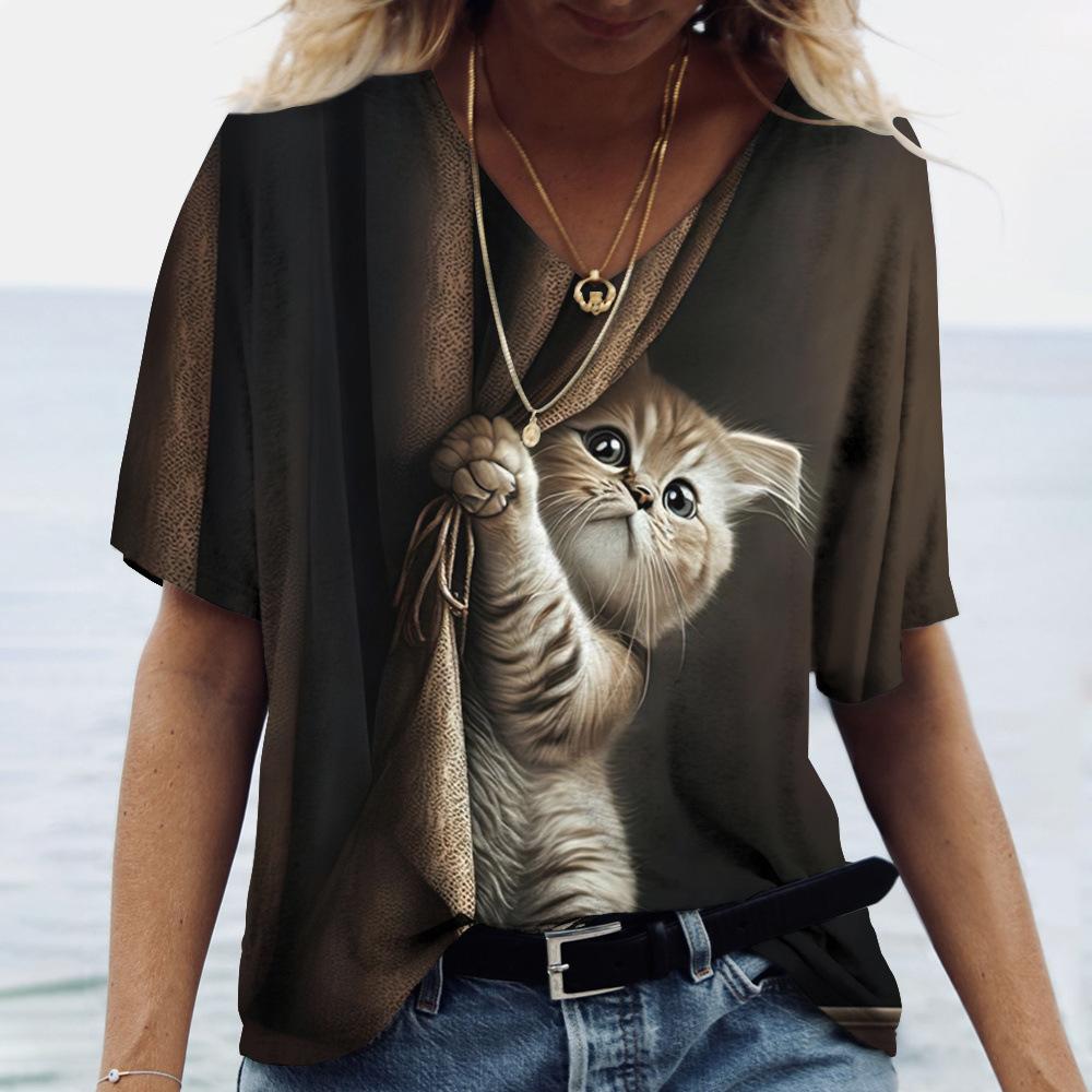 Fashion Printed Animal Cat Short Sleeve Top Casual T-Shirts Women’s