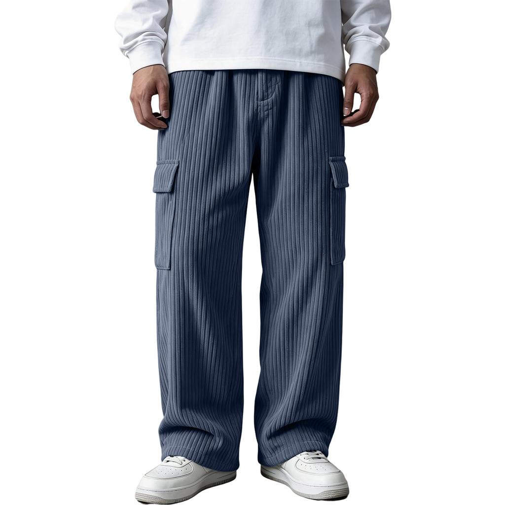 Men's Vintage Corduroy Pants with Vertical Stripes, Loose Fit Straight Leg Casual Work Trousers