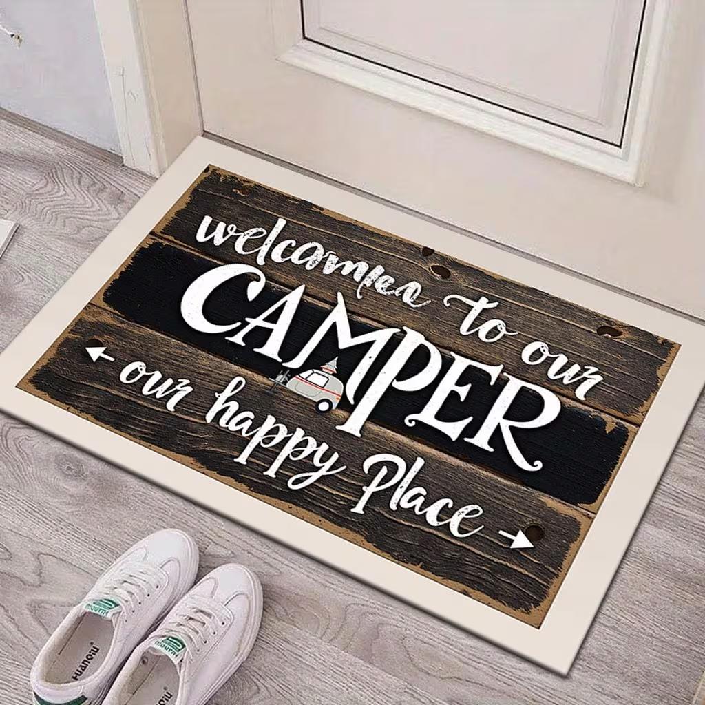 Welcome to Our Camper Welcome Mat, Our Happy Place Entryway Rug, 2D Flat Printed Non-Slip Washable Floor Mat 40cm x 60cm